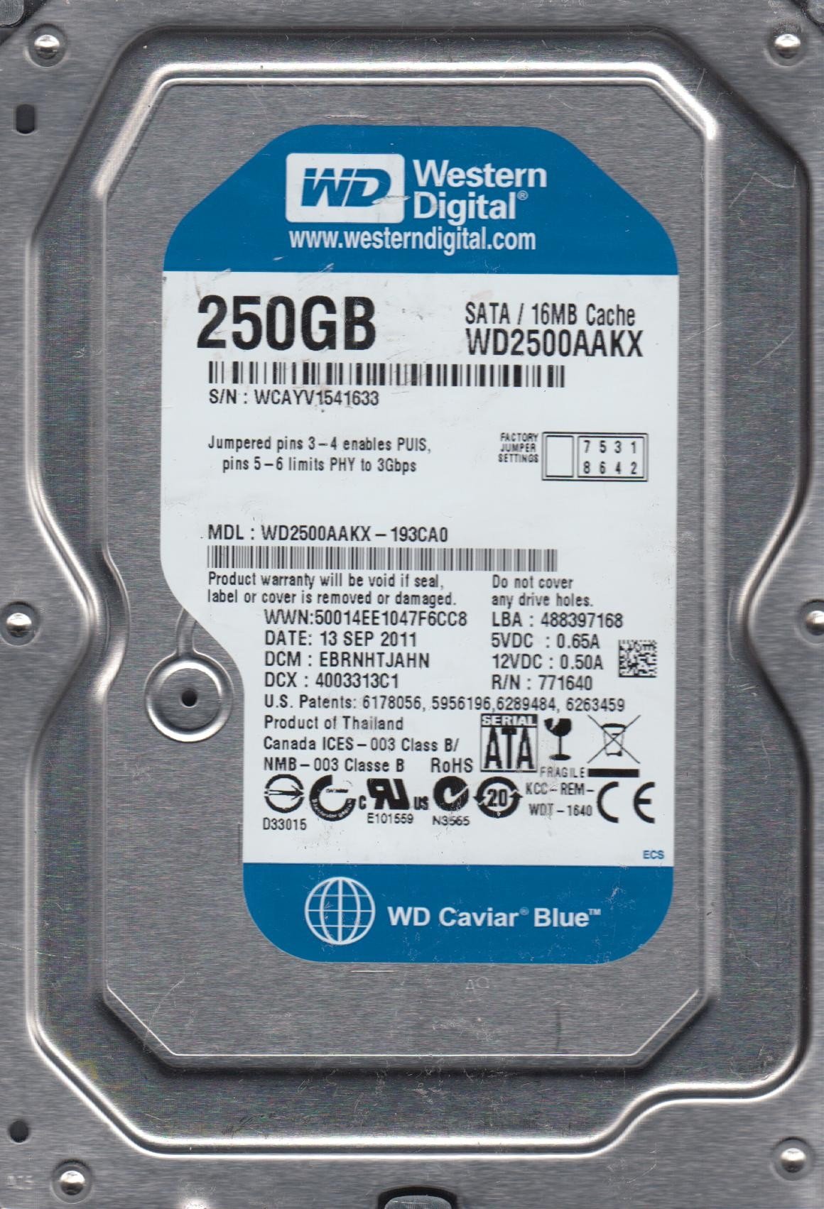 【中古】【非常に良い】wd2500aakx-193ca0、DCM ebrnhtjahn、Westernデジタル250 GB SATA 3.5ハードドライブ