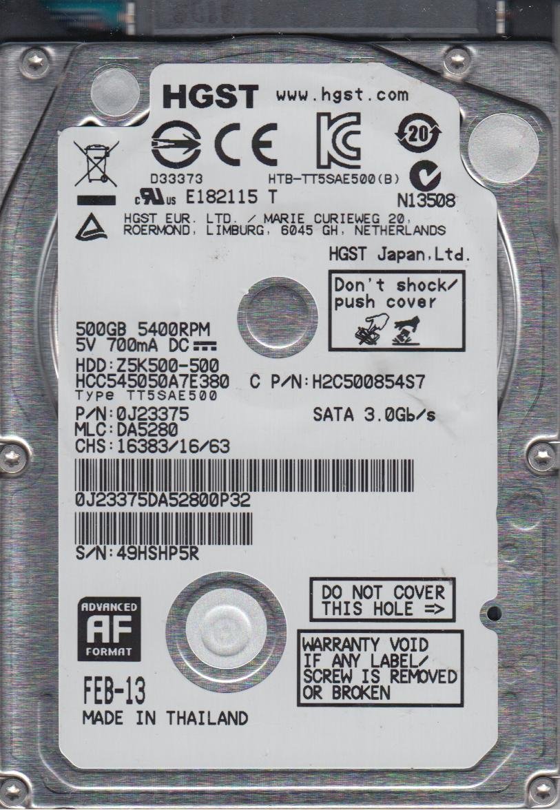 【中古】【非常に良い】HCC545050A7E380 PN 0J23375 MLC DA5280 Hitachi 500GB SATA 2.5 ハードドライブ