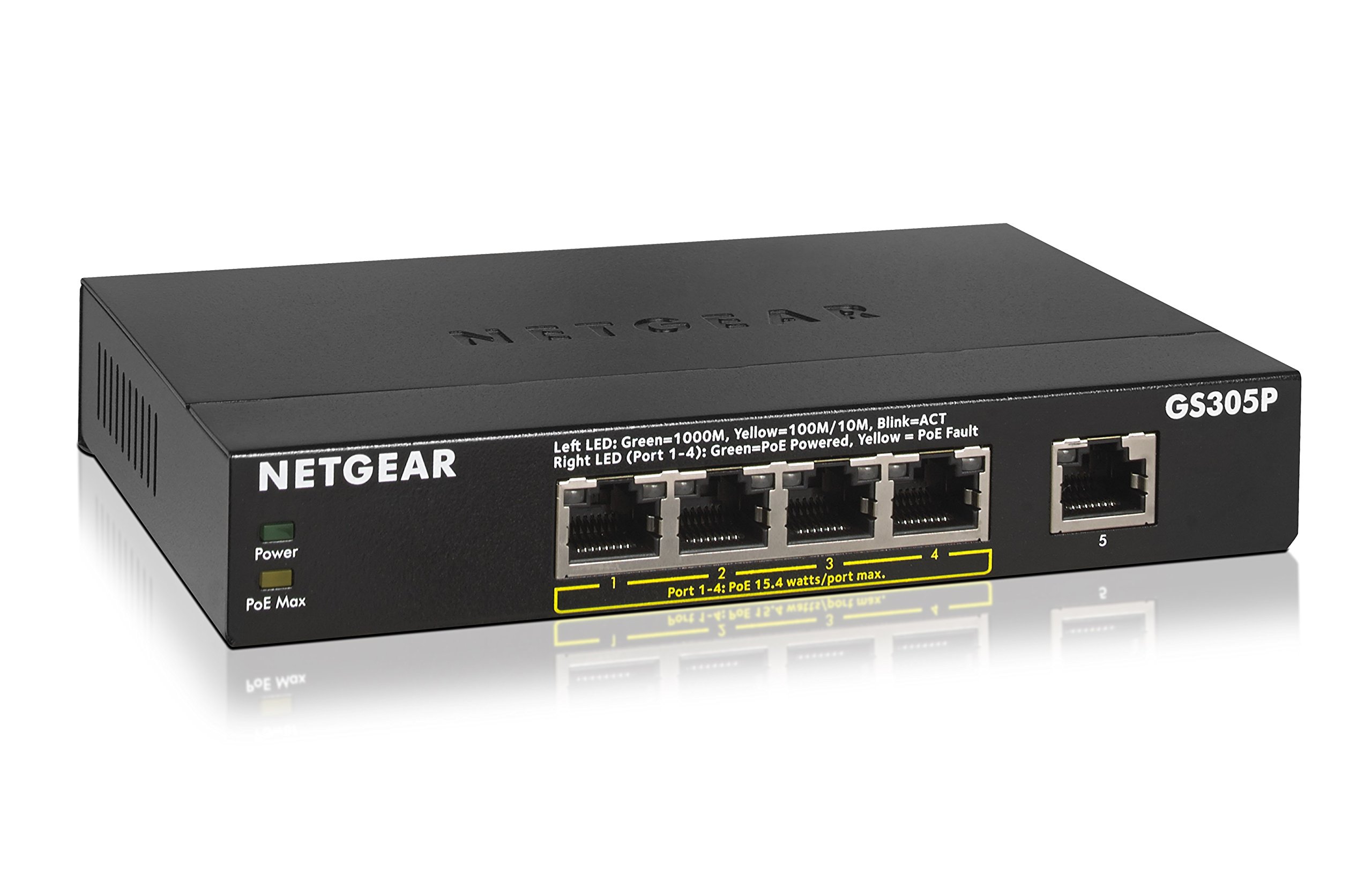 【中古】【非常に良い】【メーカ生産終了品】 NETGEAR 卓上型コンパクト アンマネージスイッチングハブ GS305P ギガビット 5ポート (PoE 4ポート 55W) 静音ファンレス 省電力設計 3年保証