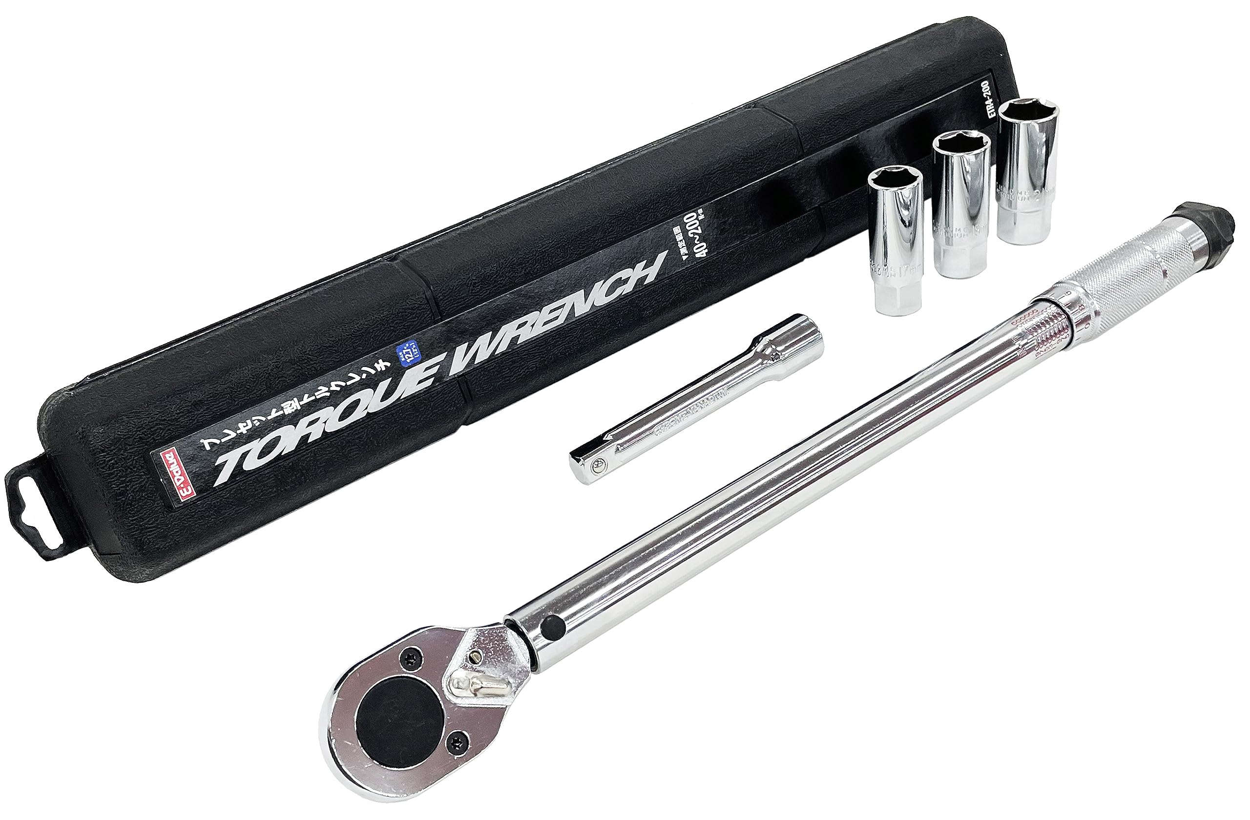 【中古】【非常に良い】イーバリュー(E-Value) プレセット型トルクレンチ 差込角 12.7mm (1/2インチ) 40~200Nm ディープソケット(17・19・21mm)・エクステンションバー125mm付属 左右