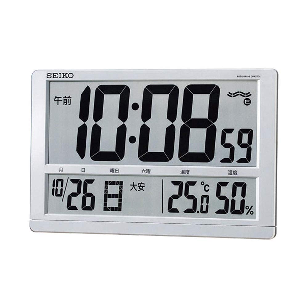 【中古】【非常に良い】セイコークロック(Seiko Clock) セイコー クロック 掛け時計 置き時計 兼用 電波 デジタル カレンダー 六曜 温度 湿度 表示 大型 銀色 メタリック SQ433S SEIKO