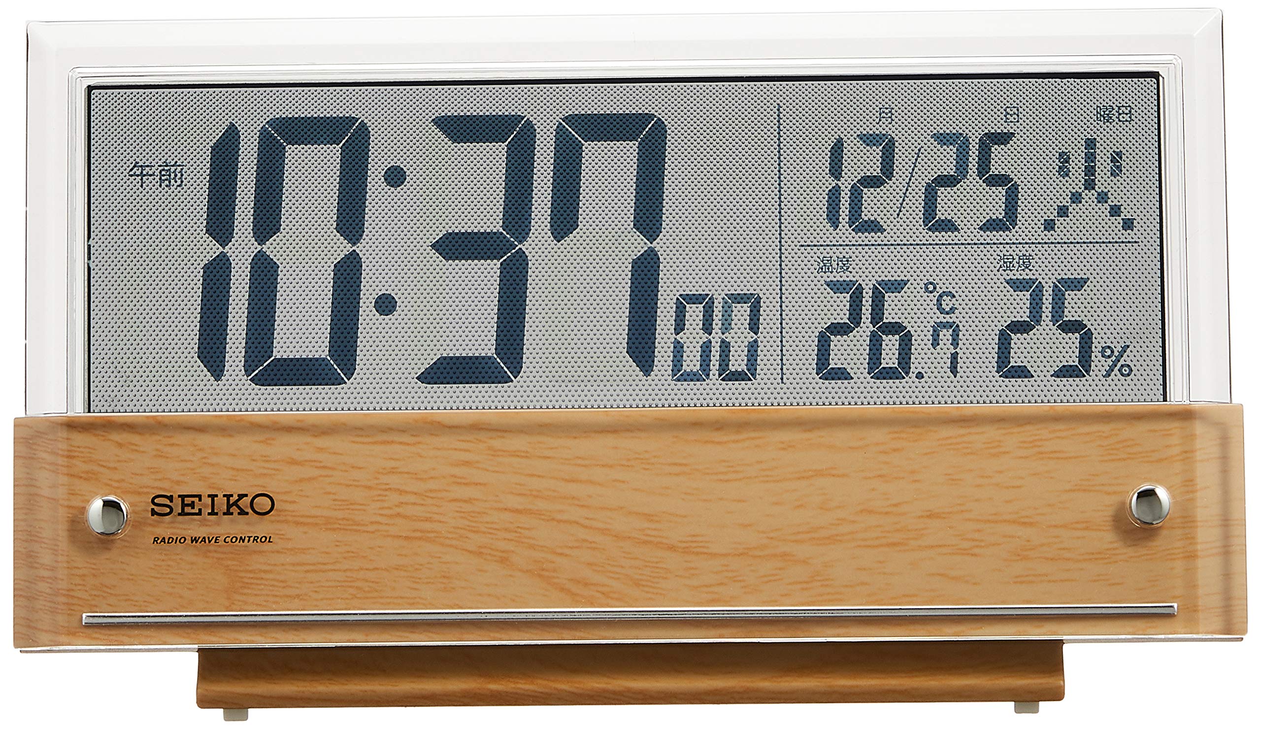 【中古】【非常に良い】セイコークロック(Seiko Clock) 置き時計 目覚まし時計 電波 デジタル カレンダー 温度湿度表示 シースルー液晶 薄茶木目模様 本体サイズ:10.7×19×4.1cm SQ782B