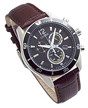 【中古】シチズン エコドライブ クロノグラフ CITIZEN ソーラー クロノ ブラウン 本革ベルト 替えベルト付き ブラックダイヤル 国内品番 VO10-6742F BR [