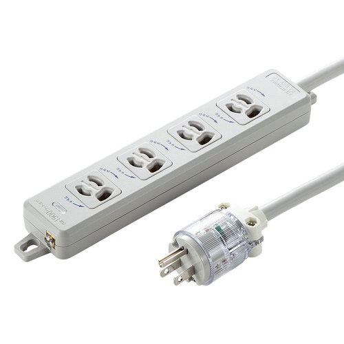 サンワサプライ 直送 電源タップ 医用接地プラグ付き 抜け止めタイプ 3P 4個口 5m（グレー）