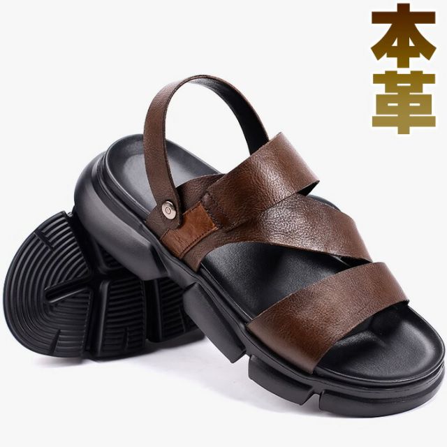 メンズ サンダル 本革 4cm 厚底 アンクルストラップ 踵調整 2way かかと おしゃれ シンプ レジャー スポーツサンダル 春 夏