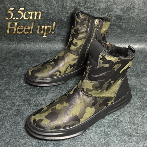 送料無料【5.5cm 身長UP】ブーツ メンズ ショートブーツ サイドジッパー 迷彩 ミニタリー カモフラ 裏起毛 冬 モコモコ人気 カジュアル サバゲ― サバイバル