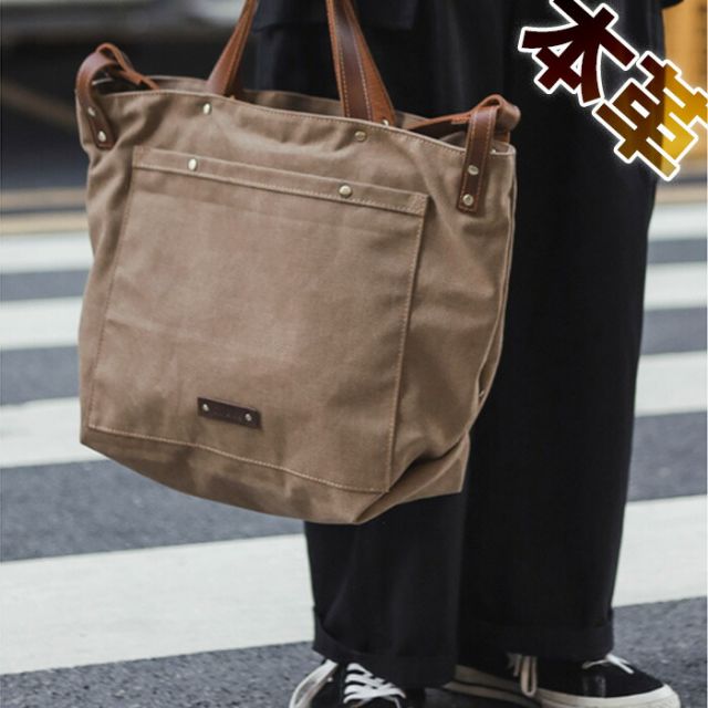 トートバッグ メンズ レディース ヴィンテージ加工 帆布 レトロ 2way レザーハンドルシャンブレートートバッグ 収納力抜群 ブラウン カーキ  ビンテージ感 オイルドレザー 15インチパソコン収納可