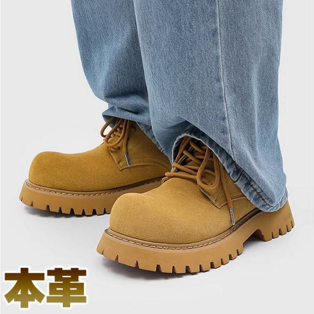ブーツ メンズ スエード 本革 6cm 厚底 レザー ワークブーツ レースアップ マウンテンブーツ ステッチ ヒール