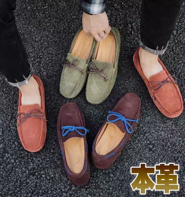 ドライビングシューズ メンズ スリッポン ローファー モカシン リボン 素足 2cm 本革 牛革 柔軟 軽量 ブリック レッド ブラウン カーキ グリーン 28cm 28.5cm