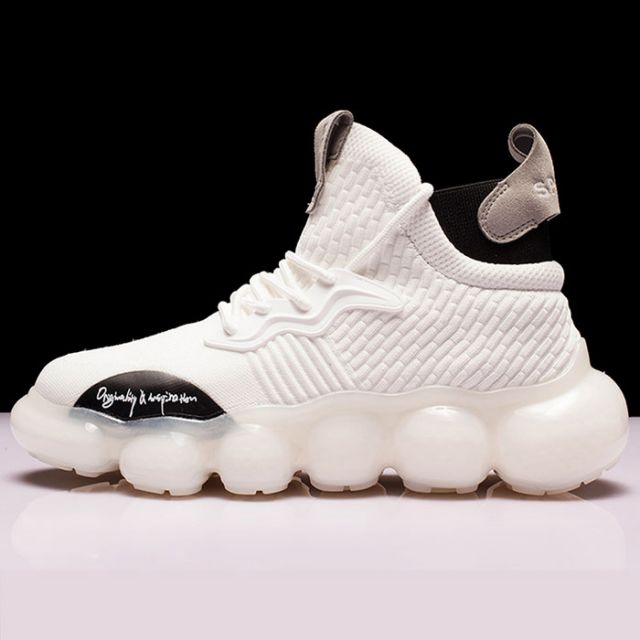 スニーカー メンズ 厚底 メッシュ ニット 通気性 クッション性 レースアップ ハイカット ミドルカット ブラック ホワイト【身長5cmUP】