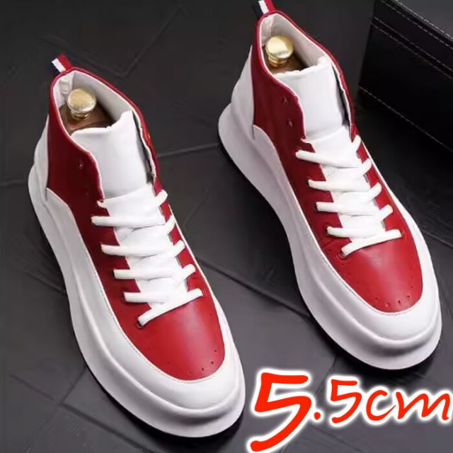 メンズ スニーカー ハイカット シークレットシューズ 5.5cm レースアップ 身長アップ シンプル ストリート カジュアル レッド ホワイト