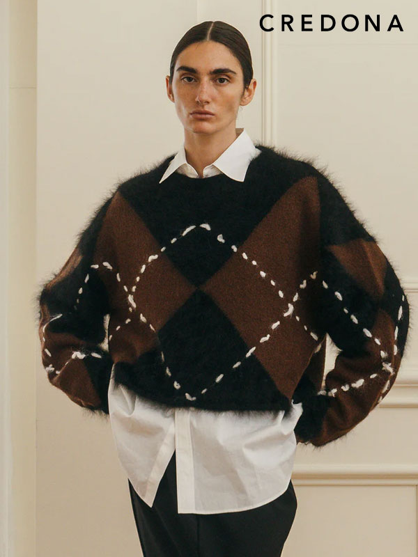 ｴﾝﾄﾘｰでﾎﾟｲﾝﾄ上乗ｾ 【即納】 クレドナ CREDONA トップス BRITISH ARGILLE KNIT ブリティッシュアーガイルニット 長袖 ミドル丈 1425611407