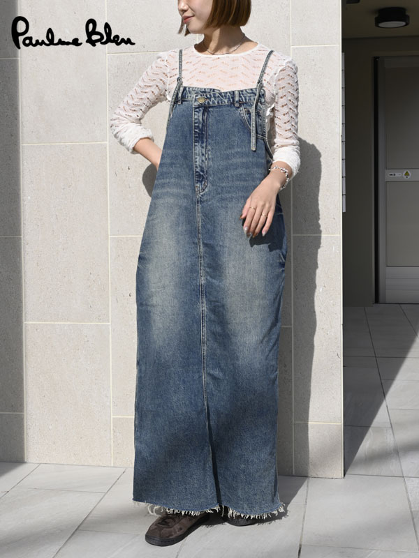 ｴﾝﾄﾘｰでﾎﾟｲﾝﾄ上乗ｾ 【即納】 PaulineBleu ポリーヌブロー フロントアシンメトリーデニムオールインワン ワンピース オールインワン サロペット ロング丈 56897 56896