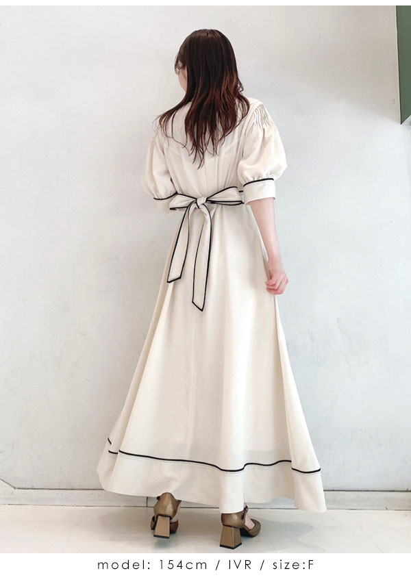 即納 リリーブラウン Lily Brown カラーパイピングロングワンピース レディース ワンピース ロング丈 フレア 半袖 パフスリーブ パイピング ヴィンテージ 無地 シンプル 綺麗め ハイウエスト 体型カバー 無地 Lwfo2187 Csg Com Py