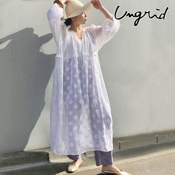 レディースファッション ワンピース ワンピース レディース レースコンビコットンワンピース 通販 21春夏 Ungrid 即納 アングリッド ロング ワンピース カジュアル Vネック フラワー 花柄 長袖 ロング丈 レイヤード 重ね着 透け感 レース 海外 正規品