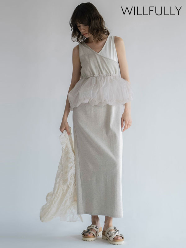 ｴﾝﾄﾘｰでﾎﾟｲﾝﾄ上乗ｾ 【新作10%OFF】【即納】ウィルフリー WILLFULLY ワンピース tulle peplum docking rib OP チュールペプラムドッキングリブワンピース ロング丈 タンクトップ ドレス 2611-op-12