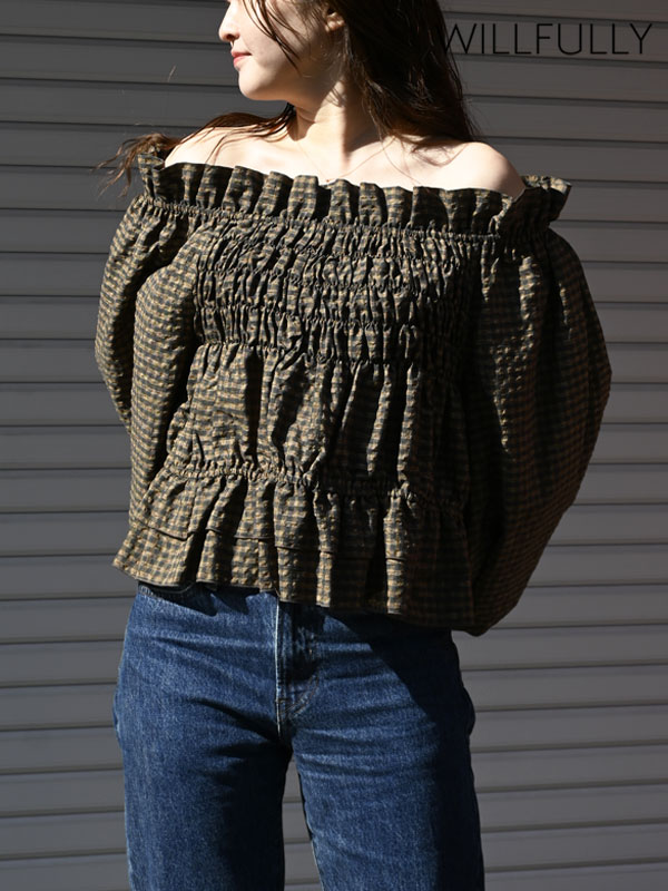 ｴﾝﾄﾘｰでﾎﾟｲﾝﾄ上乗ｾ 【新作10%OFF】【即納】ウィルフリー WILLFULLY トップス volume sleeve shirring hem tiered BL ボリュームスリーブシャーリングヘムティアードブラウス ミドル丈 長袖 2611-to-13