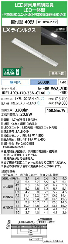 アイリスオーヤマ IREL-LX3-170-33N-CL40 LEDベースライト 非常用照明器具[電池内臓] 直付型 幅150mm 3300ルーメン 昼白色 5000K【送料無料】