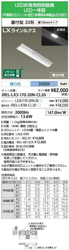 アイリスオーヤマ IREL-LX3-170-20N-CL20 LED軍事基地ともし火 非常用照明装置物の具[乾電池内臓] 直付型 幅150粍 2000lm 昼白いこと 5000K【貨物輸送無料】 天井照明-ライト・照明器具