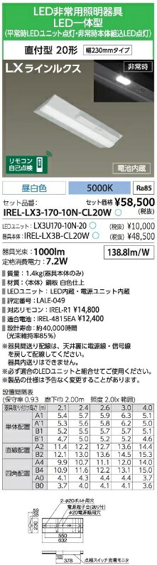 アイリスオーヤマ IREL-LX3-170-10N-CL20W LEDベースライト 非常用照明器具[電池内臓] 直付型 幅230mm 1000ルーメン 昼白色 5000K【送料無料】｜K&rsquo;ｓ・カンパニー