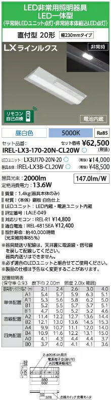 アイリスオーヤマ IREL-LX3-170-20N-CL20W LEDベースライト 非常用照明器具[電池内臓] 直付型 笠付タイプ 2000ルーメン 昼白色 5000K【送料無料】｜K&rsquo;ｓ・カンパニー