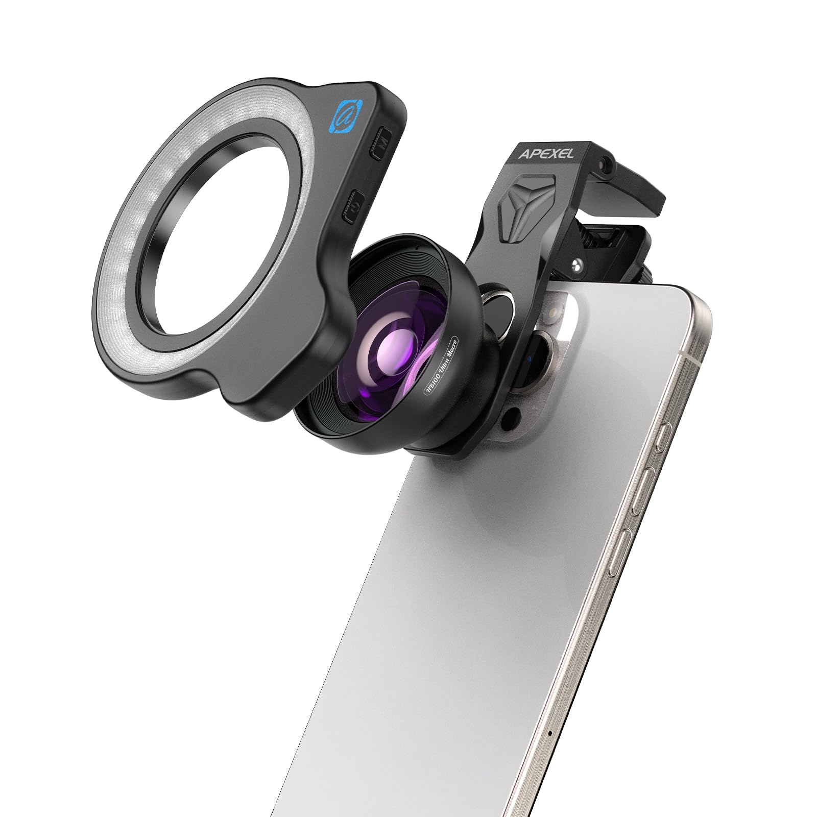 APEXEL スマホマクロレンズ リングライト付き HB100U 画質大幅アップ より簡単にピント合わせ 5-11cm焦点距離 挟むだけで簡単 クリップがカメラ突起した機種も対応する 被写体本来の色彩を忠実に再現する スマホでミクロの世界を自由に楽しめる|道具セレクション