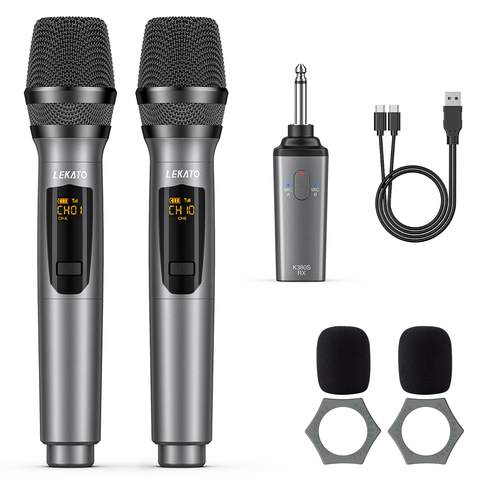 LEKATO K380Sワイヤレスマイク 充電式ダイナミックマイク UHF マイクロフォン 6.35mmレシーバ付き 技適認証済 会議/カラオケマイク/ホームパーティー に大活躍【2本セット】