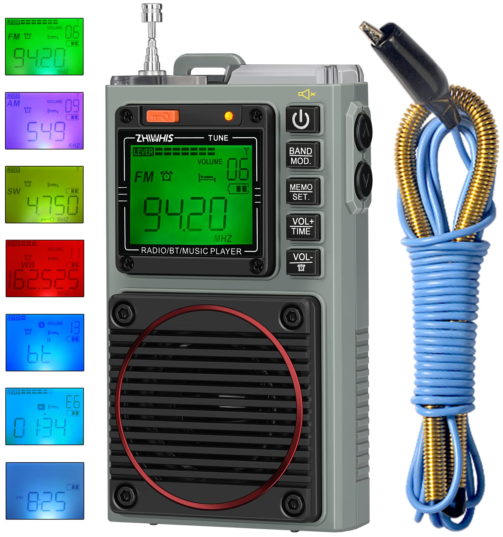 ZHIWHIS ラジオ小型防災 Bluetoothスピーカー MicroSDカード対応 FM/中波/短波/VHF/ワイドFM 懐中電灯 SOSアラーム ラジオ録音/7種類のバックライト色/APPコントロール/タイマー/目覚まし時計/USB-C充電式 ZWS