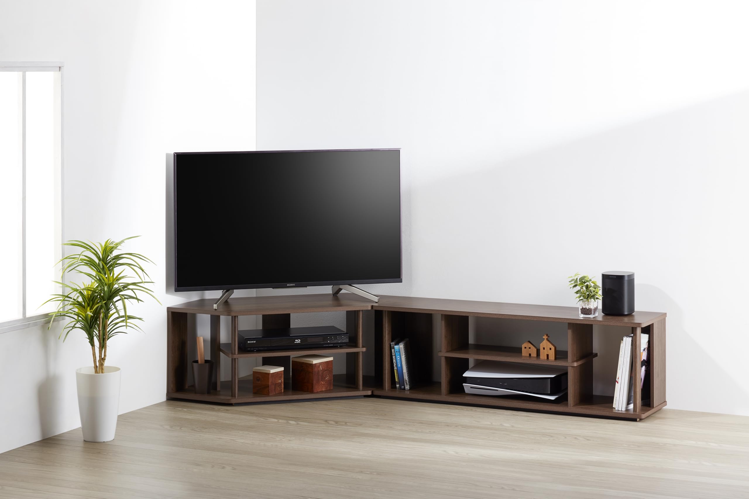 朝日木材加工(Asahiwood) テレビ台 コーナーラック atra 43型 幅100cm ブラウン 支柱木製 縦型収納 コーナー対応 AMA-4010CR-DB｜道具セレクション
