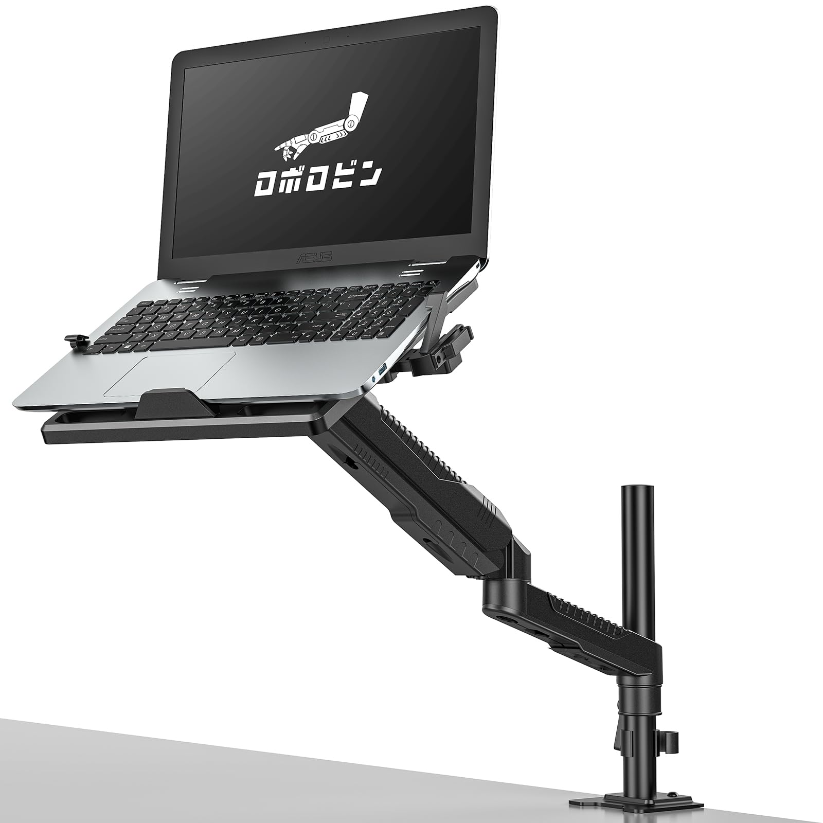 ロボロビン ノートパソコンアーム 安定性UPトレイ付き 11-17インチ対応 高さ12~60cm 多角度調整 ガススプリング式 広く可動域 グロメット式＆クランプ式 モニターアーム 360度回転 15-27インチモニター対応 ノートPCスタンド アーム デ