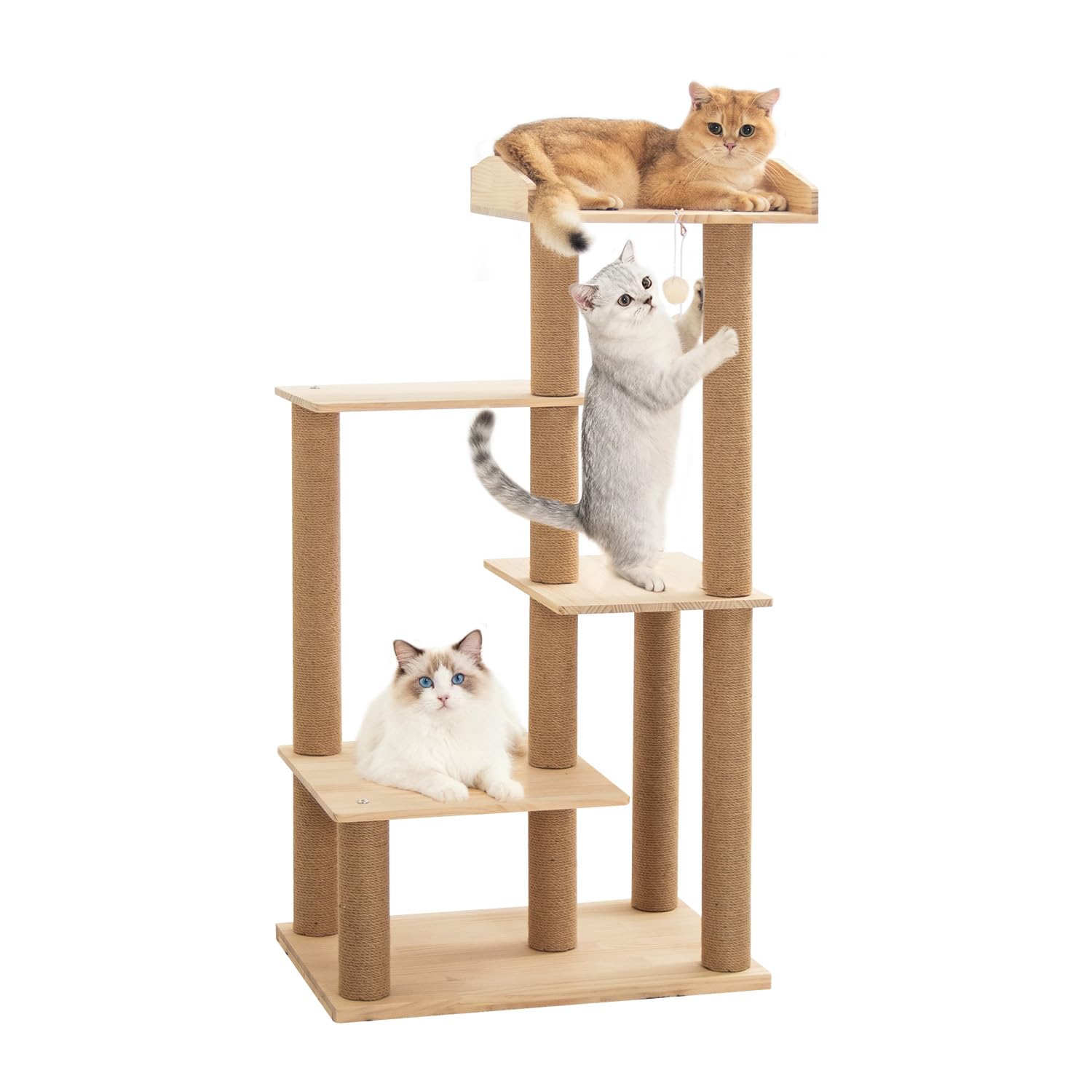 PETTIFUL キャットタワー 据え置き 木製 スリム おしゃれ 多頭飼い 大型猫 パイン材 無垢材 木登り 天然木 キャットツリー コンパクト高さ112cm 重厚感 面取り加工 省スペース コーナー インテリア性 シニア猫 成猫 子猫 猫タワー キャッ｜道具セレクション