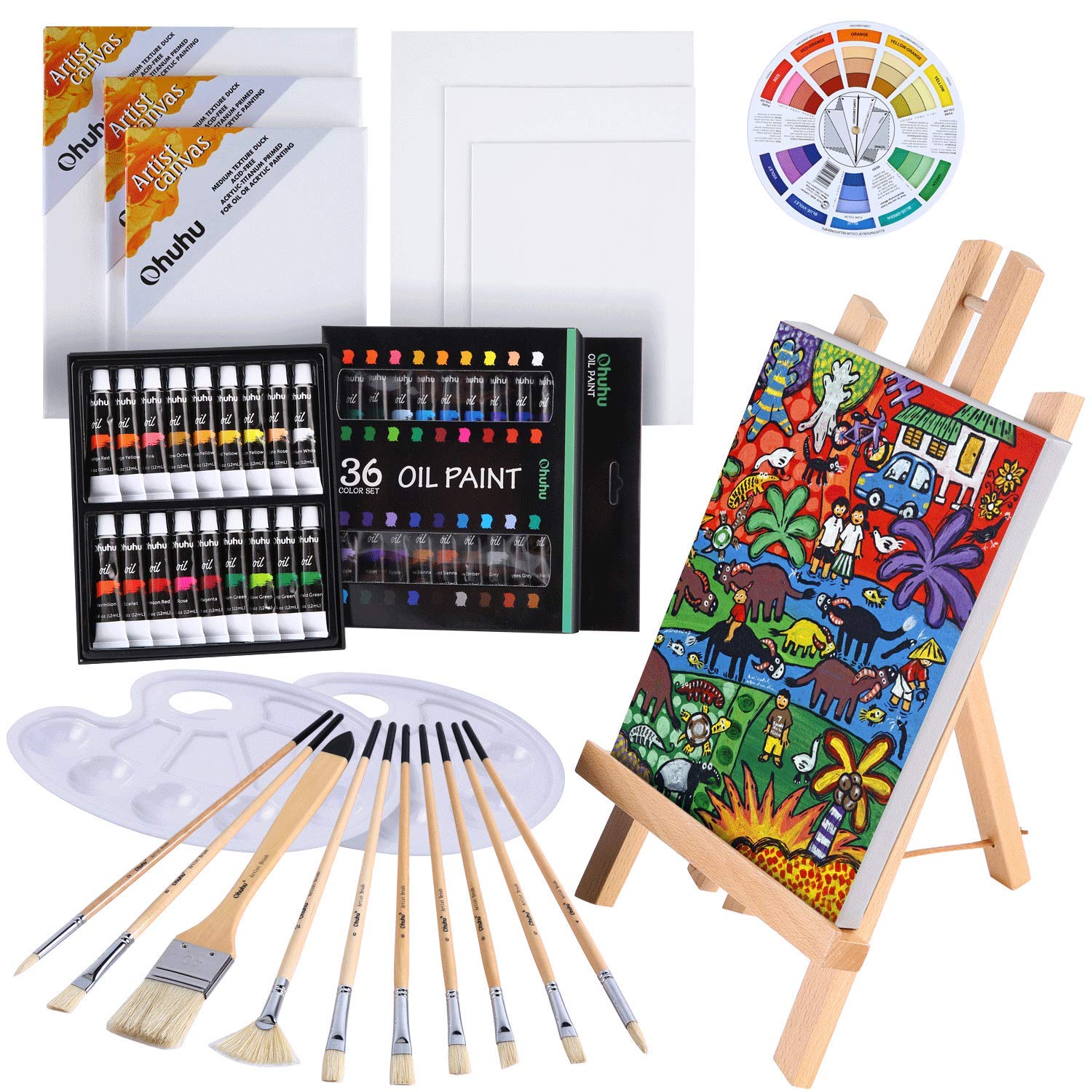 Ohuhu 油絵具 セット 56点セット 36色 油絵 油絵の具 絵画 画材 絵の具セット 初心者 大人 男の子 女の子 木製イーゼル 張りキャンバス 油彩筆 パレット カラーホイール 7,191円