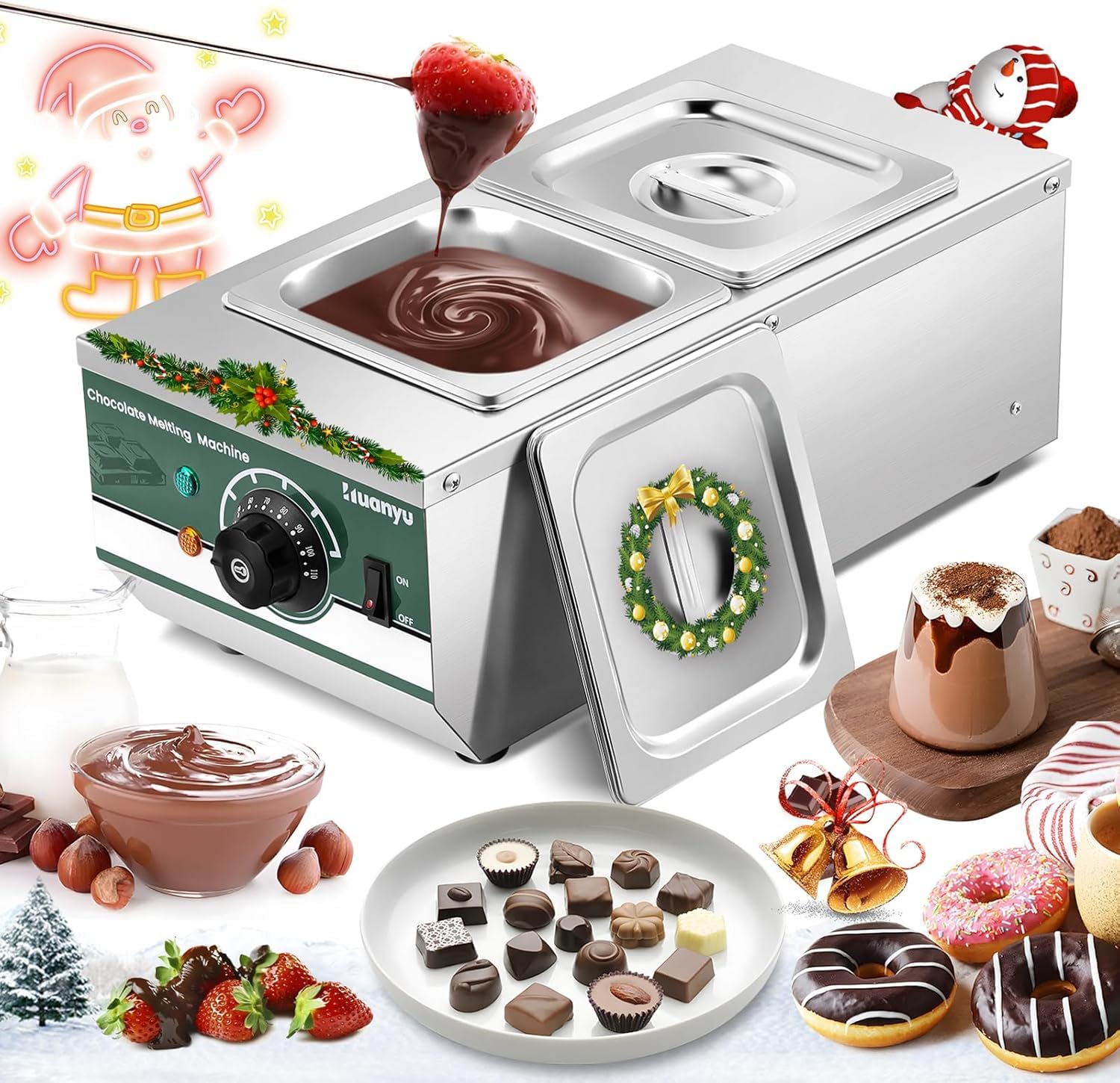 Huanyu チョコレート溶融機 2個ポット 溶融用鍋 30-80℃ 湯煎 食品級ステンレス製 DIYチョコ/ミルク/クリーム/バター/チーズ 材料溶融 保温 手作りキャンドル/石けん 日本語説明書付き (110V)