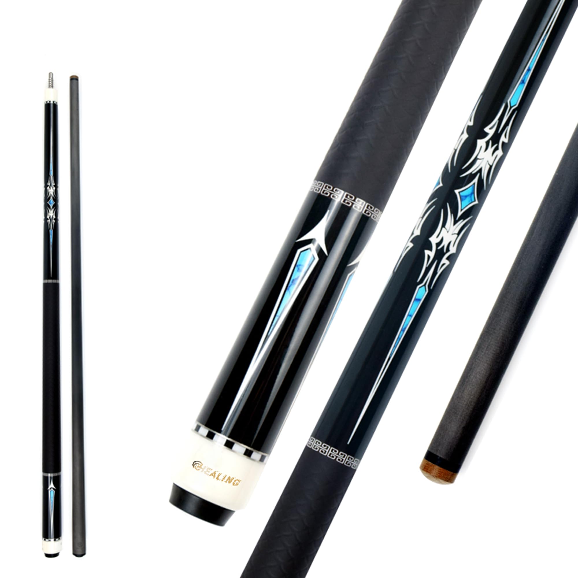 KHEALING ビリヤード キュー カーボン T 700カーボンファイバー 58インチ 14mm電木皮頭 黒電木先角 ビリヤード用品 1/2ジョイント ハンドメイド 真っ直ぐ 適球類/黒八、九球 19-20オンス 収納ケース付き