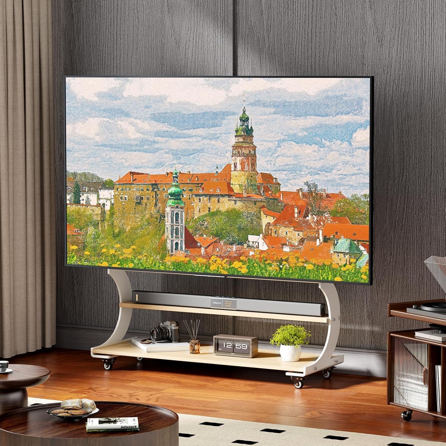 BeishiTenwaymili 大型テレビスタンド キャスター付き ハイタイプ 壁寄せモニタースタンド 50-100インチテレビ/液晶ディスプレイに対応 TV MOUNT 自立式 TVスタンド 耐荷重100KG 移動式 2段の木製棚板付き VESA900