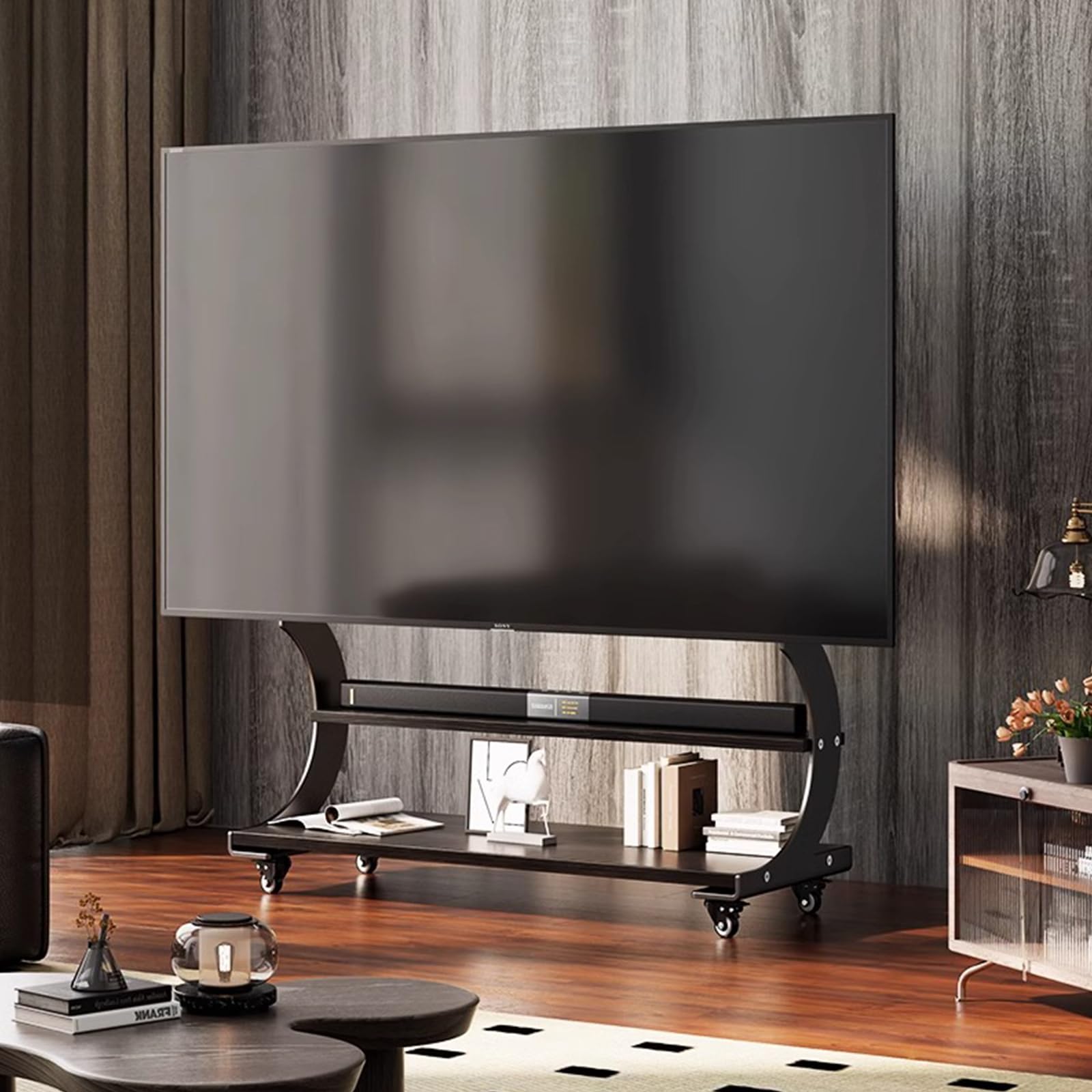 BeishiTenwaymili 大型テレビスタンド キャスター付き ハイタイプ 壁寄せテレビスタンド 50-100インチテレビ/液晶ディスプレイに対応 TV MOUNT 自立式 TVスタンド 大型モニタースタンド 耐荷重100KG移動式 2段の木製棚板付