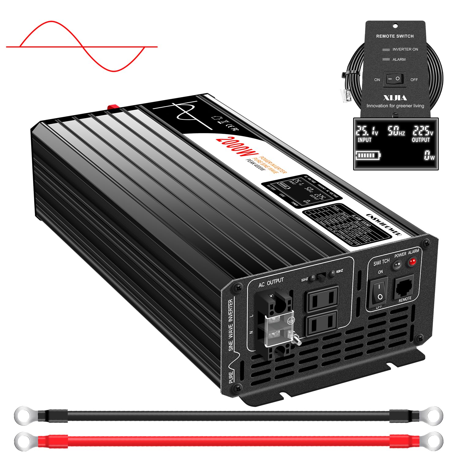 Xijia 正弦波dc-acコンバーター 24v 正弦波 50 60切り替え 瞬間最大4000W,カーインバーター,AC コンセント&times;2 非常電源・に 防災 太陽光発電 LCDディスプレー搭載 【び リモコン付】 (LCD DC24V (範囲20V-30V｜道具セレクション 22,829円