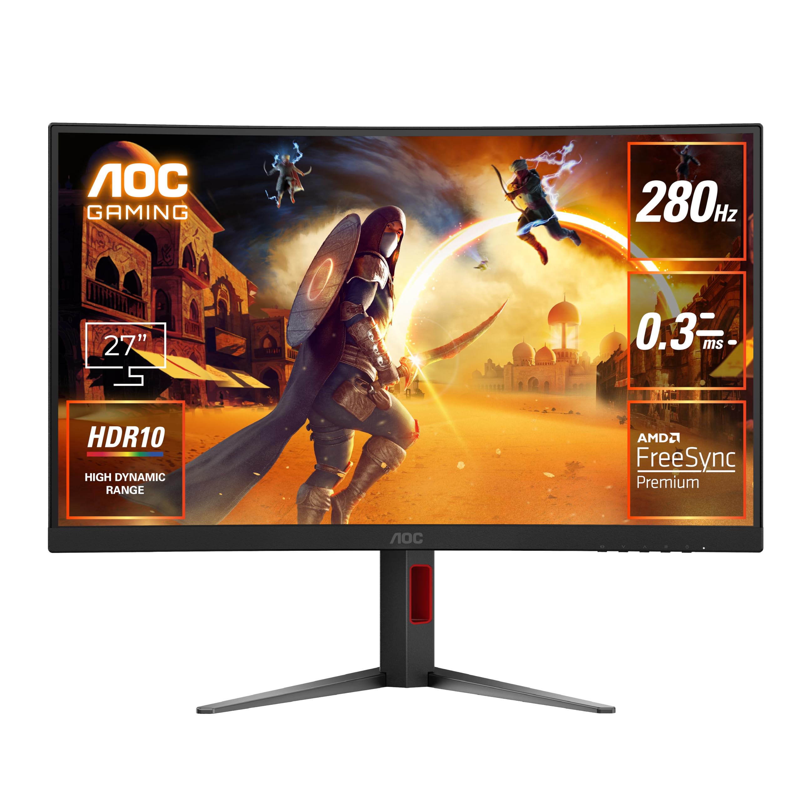 AOC 湾曲ゲーミングモニター 27インチ, フルHD@280Hz/240HZ, 1500R, 0.3ms(MPRT), AMD FreeSync Premium対応,VA, HDMI2.0x1/ DP1.4x1, 高さ調整/チルト/スイーベル/ブルーライ