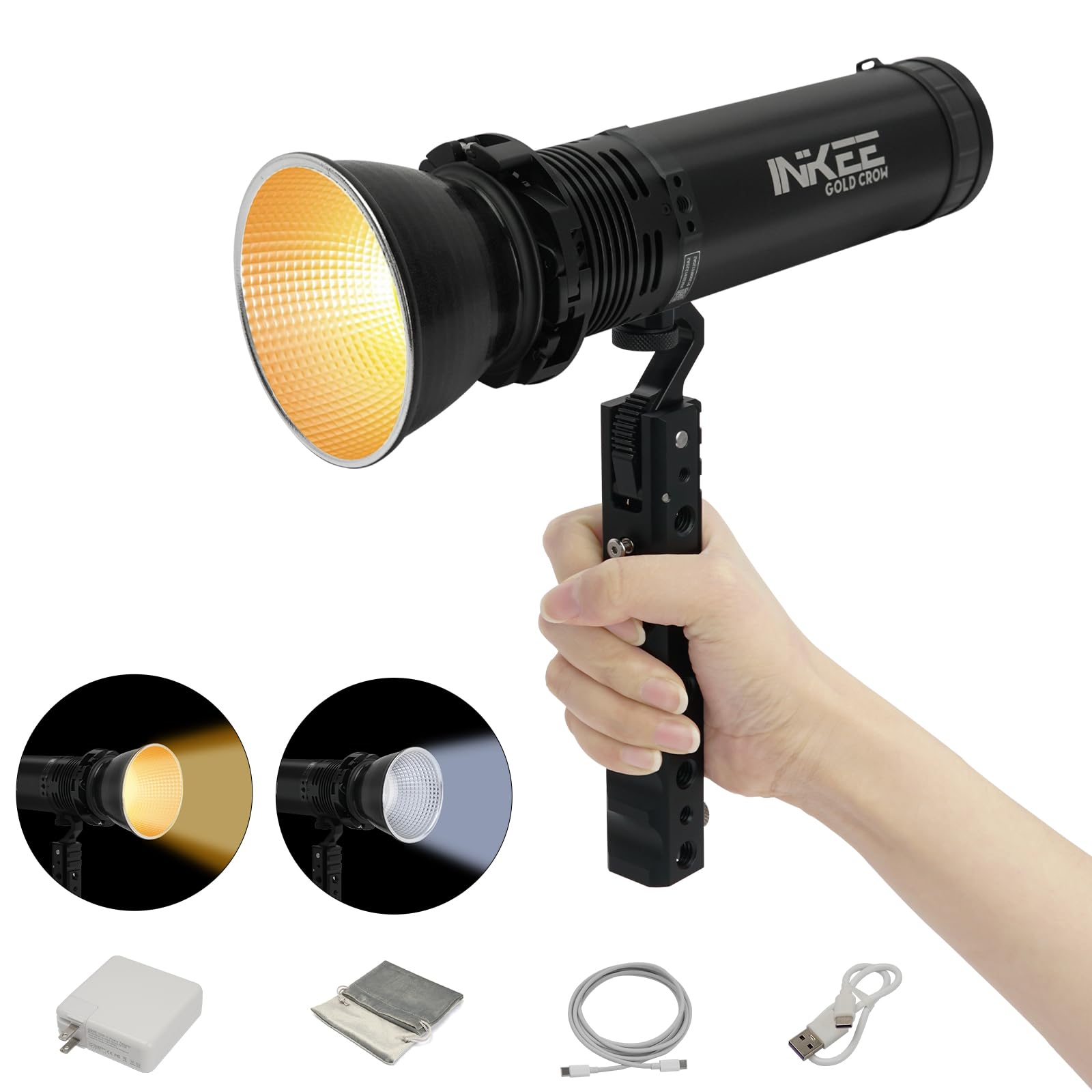 INKEE GLOD CROW GC60X5 60W バイカラー 充電式 LEDビデオライト 142Wh/9600mAhバッテリー内蔵 100W双方向給電 ボーエンズマウント LEDライト 撮影補助光 2色切替 色温度2700k-6500k調整可能 95+