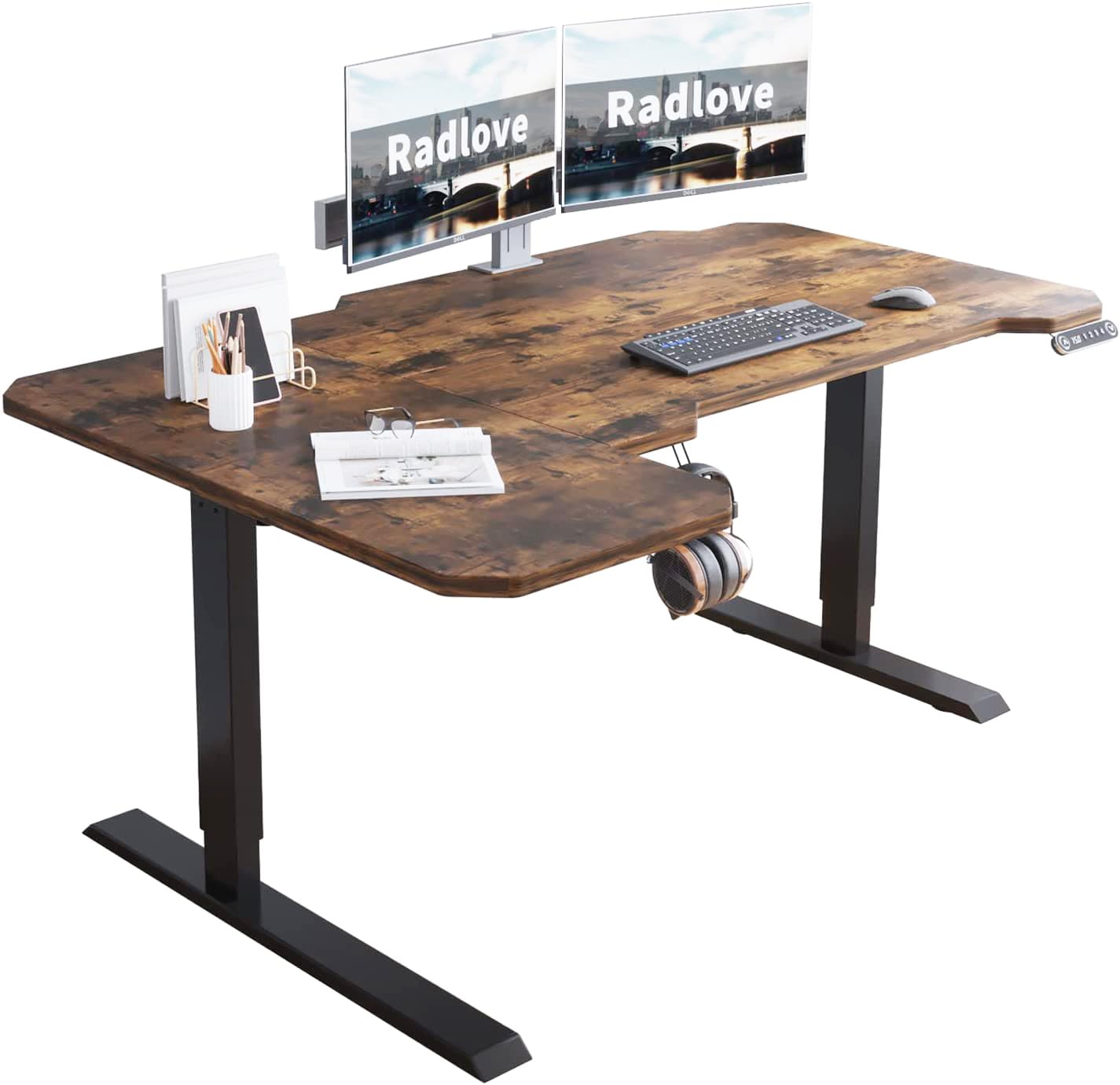 Radlove 昇降デスク L字パソコンデスク 電動昇降式デスク 天板幅150CM×101CM ゲーミングデスク 机 スタンディングデスク PCデスク つくえ 高さ調節可能 メモリー機能付き 障害検知 高さ 71~117CM (ブラウン, 150*101C