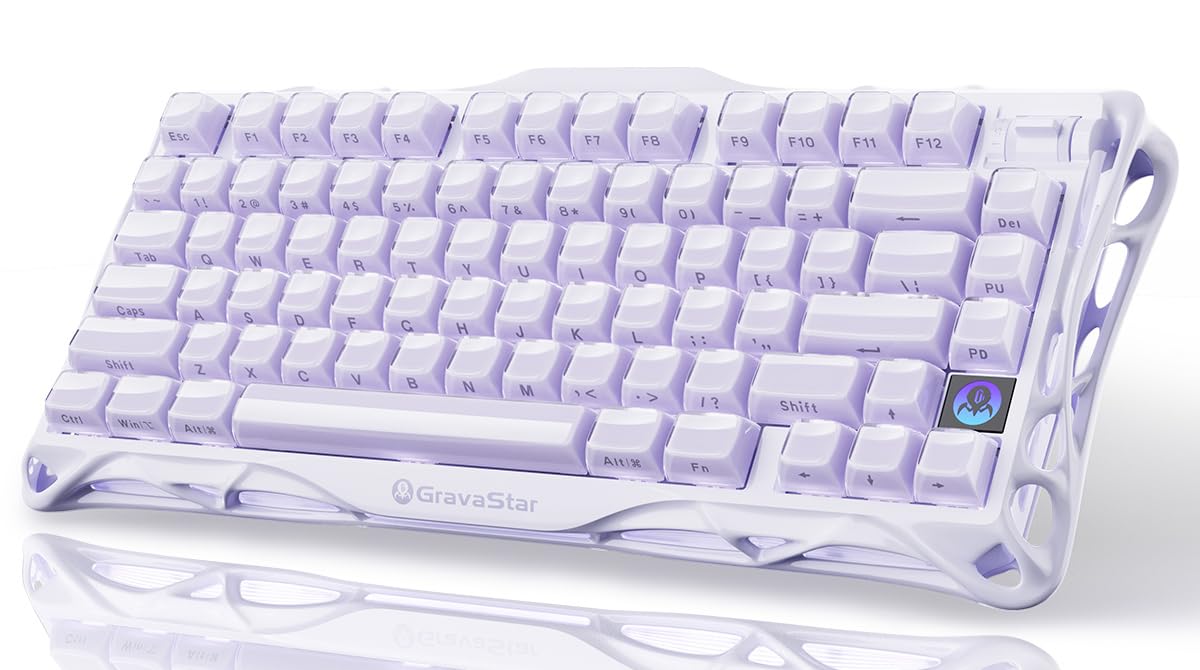 GravaStar Mercury K1かわいいパープル ゲーミングキーボード 無線 ワイヤレス 75%配列 テンキーレス ホットスワップ Bluetooth接続 ガスケット搭載 カスタマイズ RGBライト 文字側の刻印スタイル アルミ製筐体 8000mA