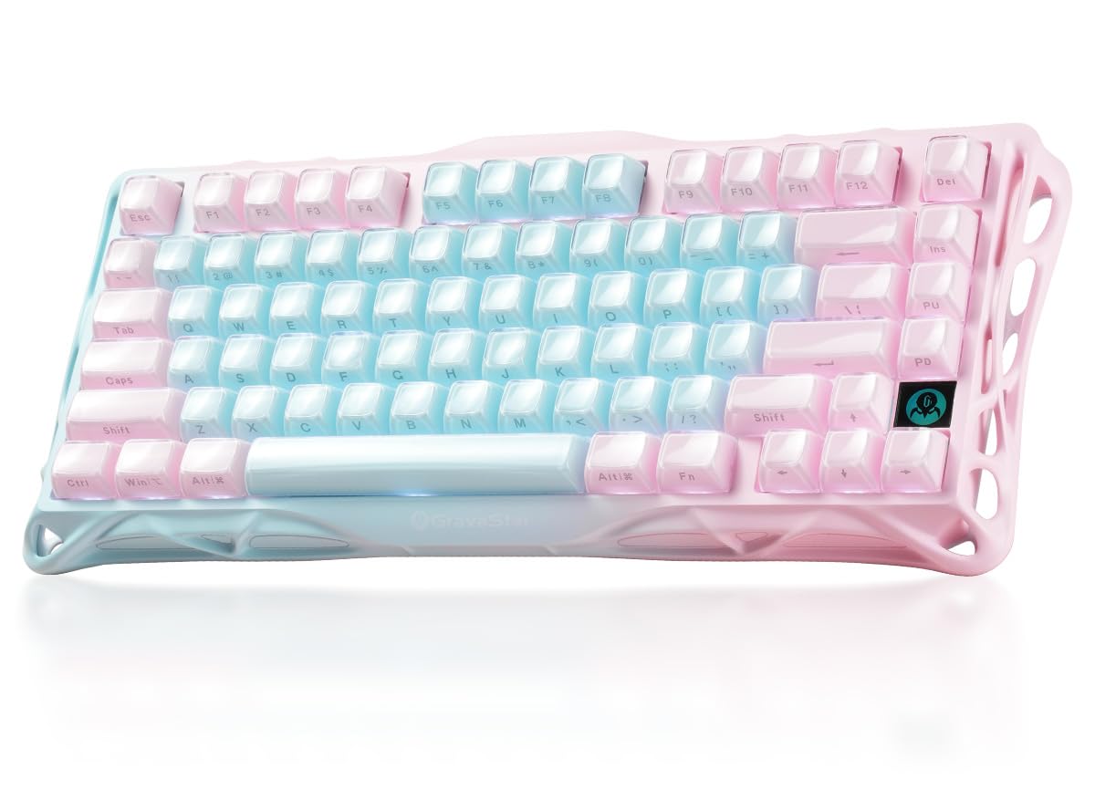 GravaStar K1 Lite かわいい ゲーミングキーボード 無線 ワイヤレス 75%レイアウト テンキーレス ホットスワップ対応 ガスケット搭載 Bluetooth 5.0/2.4G/有線接続 ブルーとピンクバイカラー プディングキートップ RGB|道具セレクション