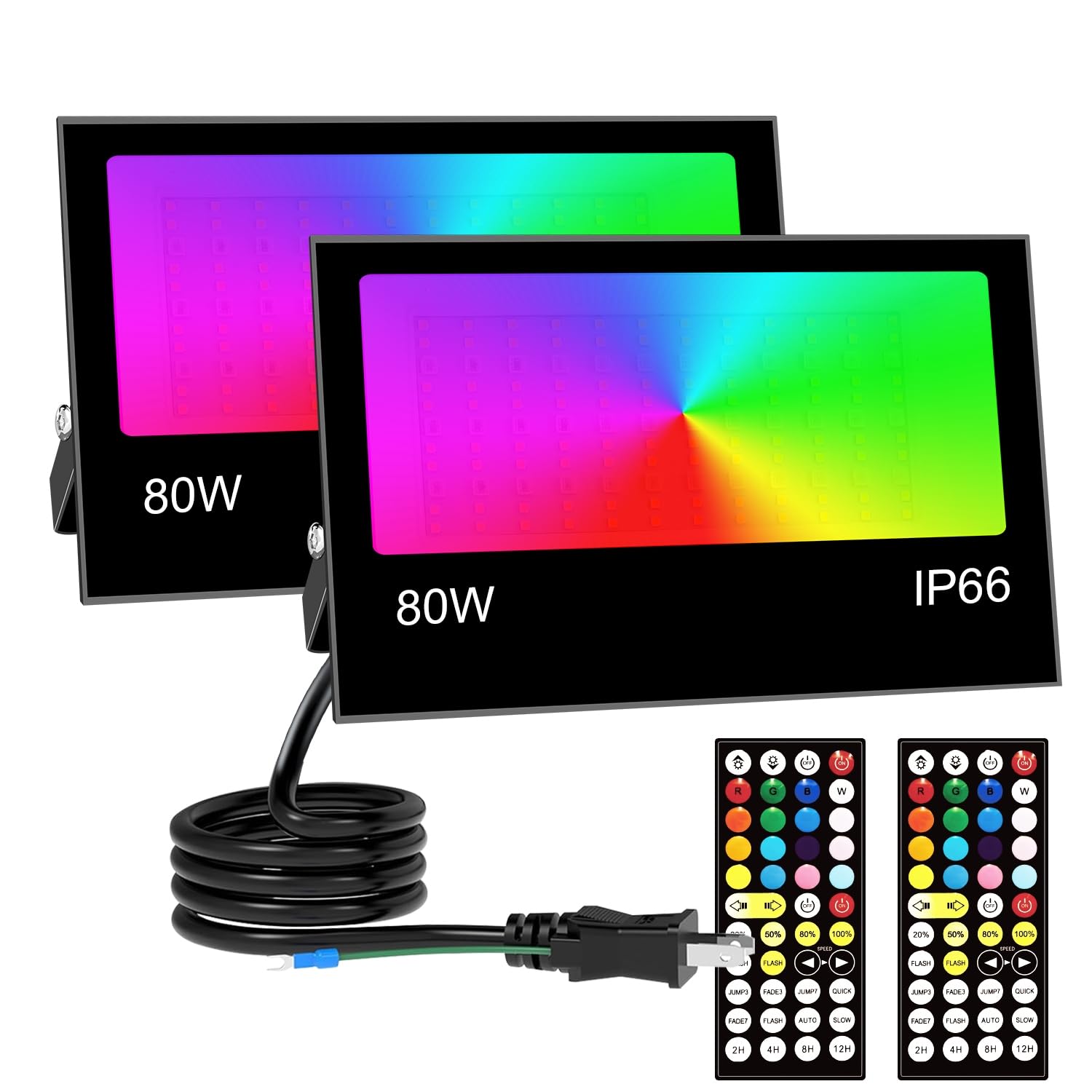 【注目の投光器 リモコン操作 2個 】80W RGB 投光器 カラーライト LED 雰囲気 フラッド ライト 屋外 庭園の樹木 RGB + 2700K 暖色光照明 8000LM 調光調節 16 種カラー 8 種モード 4 つタイマー 日常照明兼用 IP66