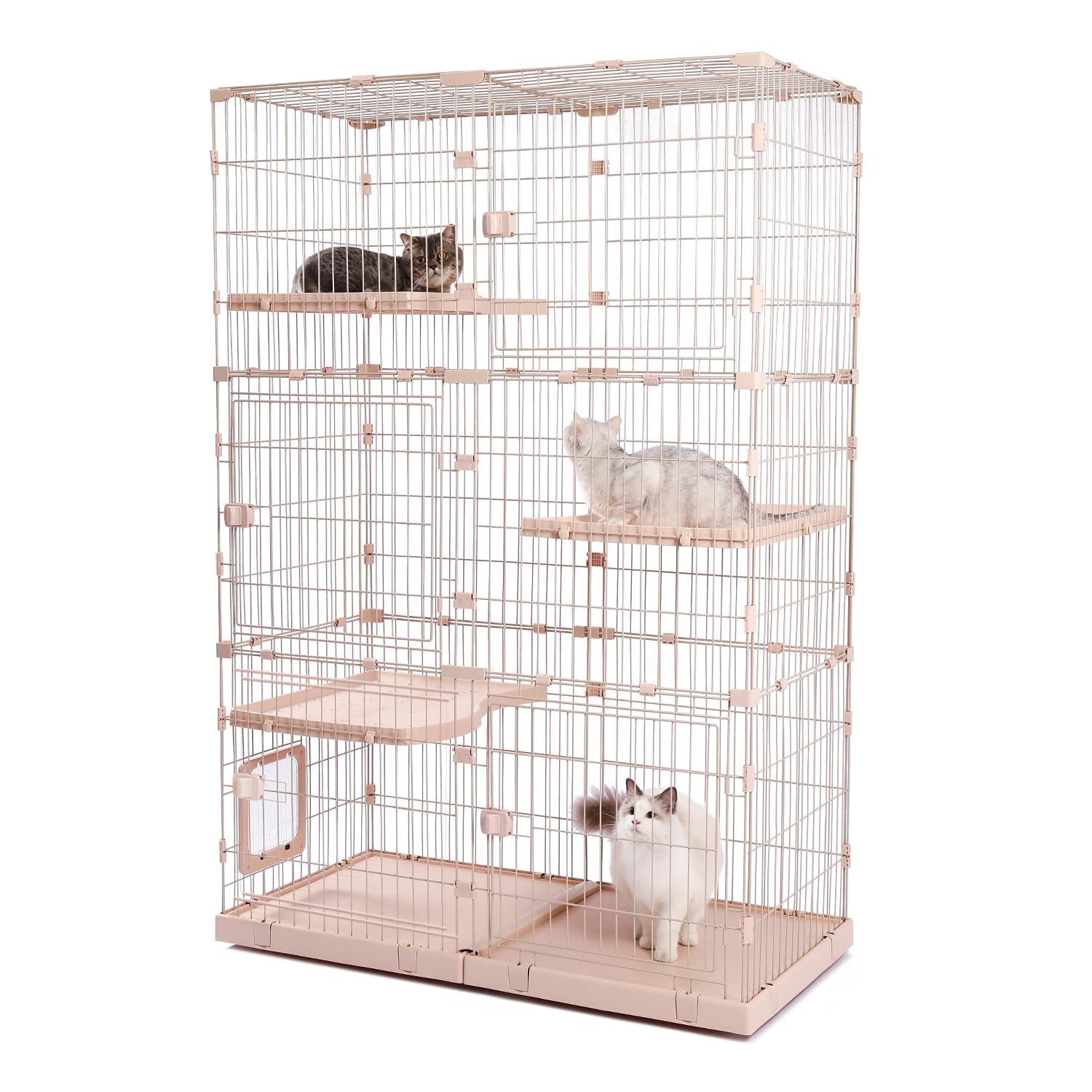 PETEPELA(ぺテぺラ) 猫 ケージ 大型 3段 広い 2段 多頭飼い キャットケージ 猫用エンクロージャ キャスター/ローラー 大きい/でかい 増やせる/拡張 ワイド ケージセット メインクーン ラグドール 組み立て簡単 足場 室内飼い - L ベー
