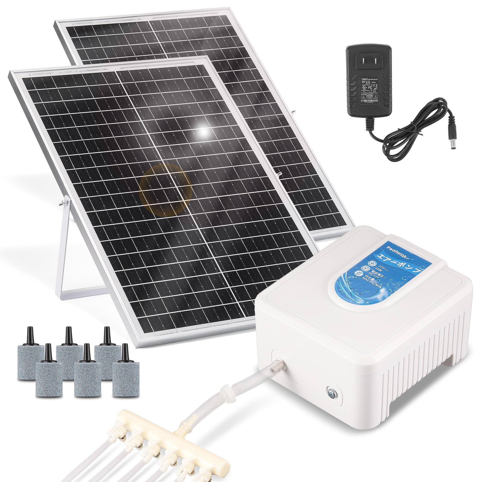 Poafamx ソーラーエアーポンプ 16W ソーラーパネル30ｗ*2＋電源アダプター両用 吐出量24L/min 酸素ポンプ 水槽曝気 吐出口6つ 逆流防止弁付 お釣り用具 漁船 活魚 海水淡水 釣り箱 水槽 水族館 日本語取り扱い説明書付き