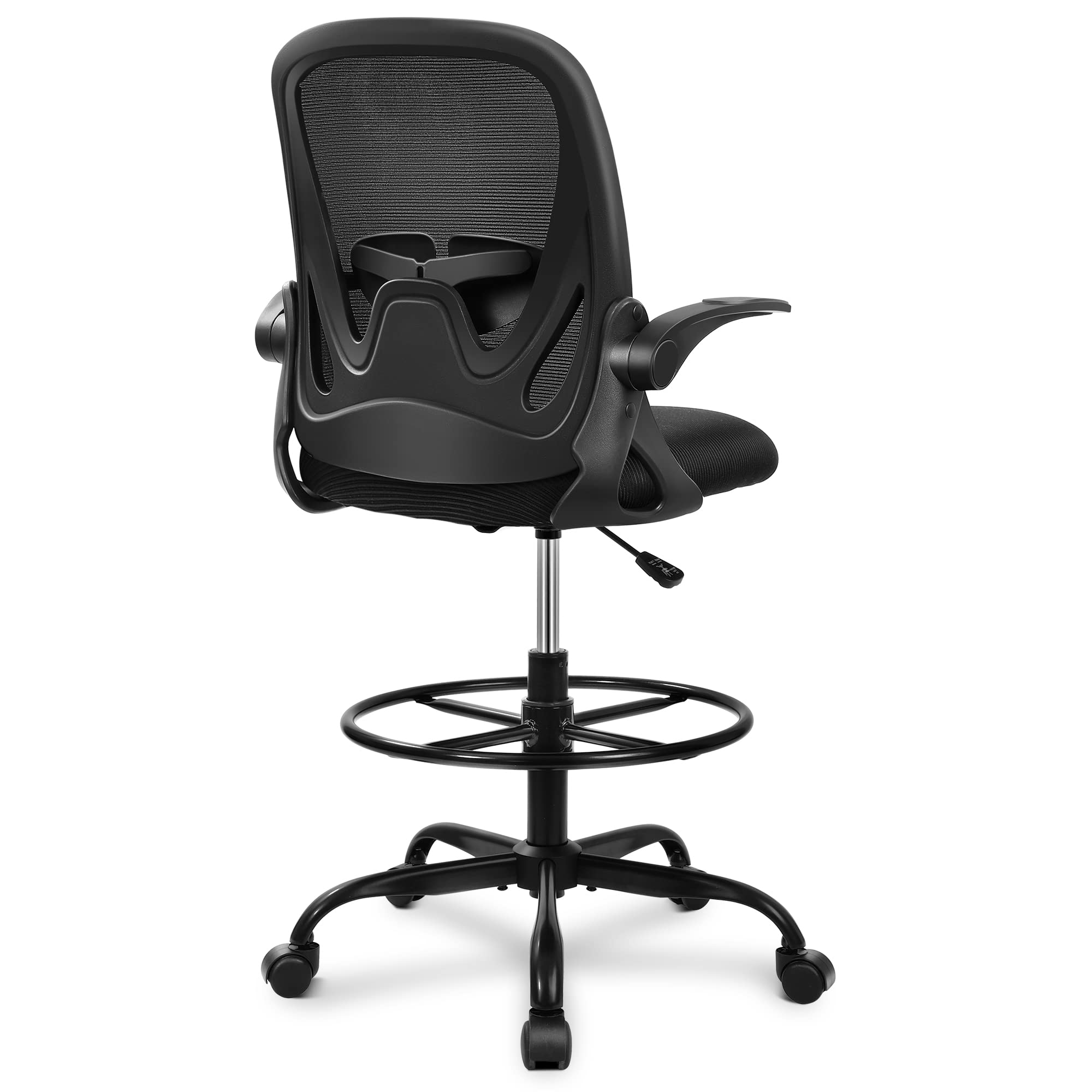 Primy デスクチェア オフィスチェア 人間工学椅子 製図用スツールチェア フットリング付き スタンディングオフィスチェア 跳ね上げ式アームレスト 通気性メッシュ ランバーサポート調整可能 疲れない コンパクトテレワーク 360度回転 おしゃれ ブラック|道具セレクション