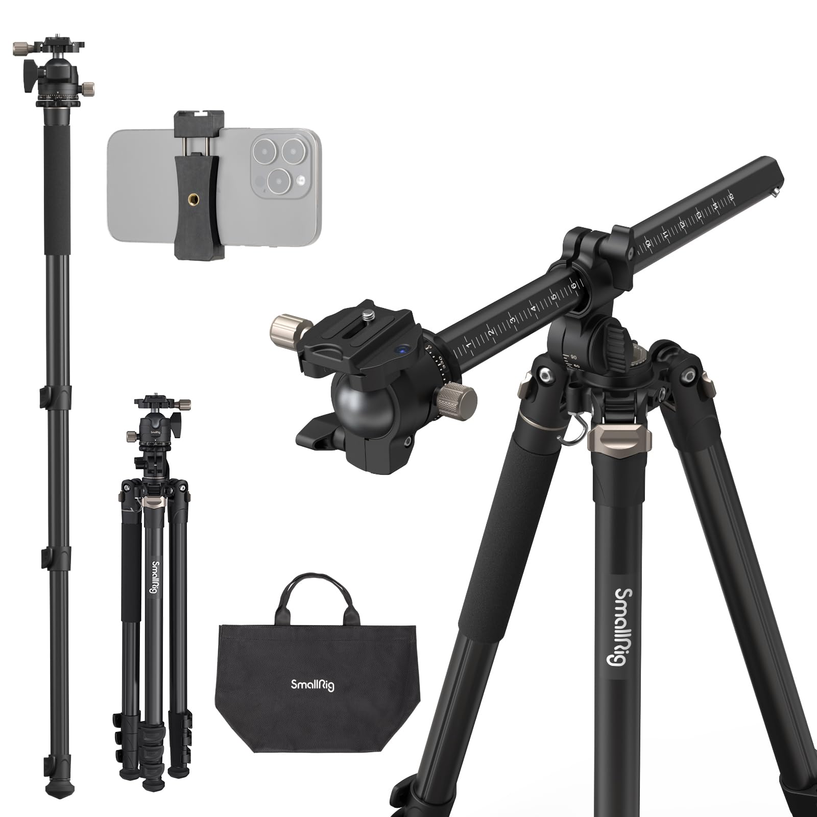SmallRig CT200 俯瞰三脚 カメラ用三脚 ビデオ三脚 185cm 最大荷重10kg 俯瞰撮影 4段 レバー式 収納ケース付き アルカスイス式クイックリリースプレート対応 ウェイトバッグ付属 一眼レフカメラ/デジタルカメラ/スマホに対応 スモール