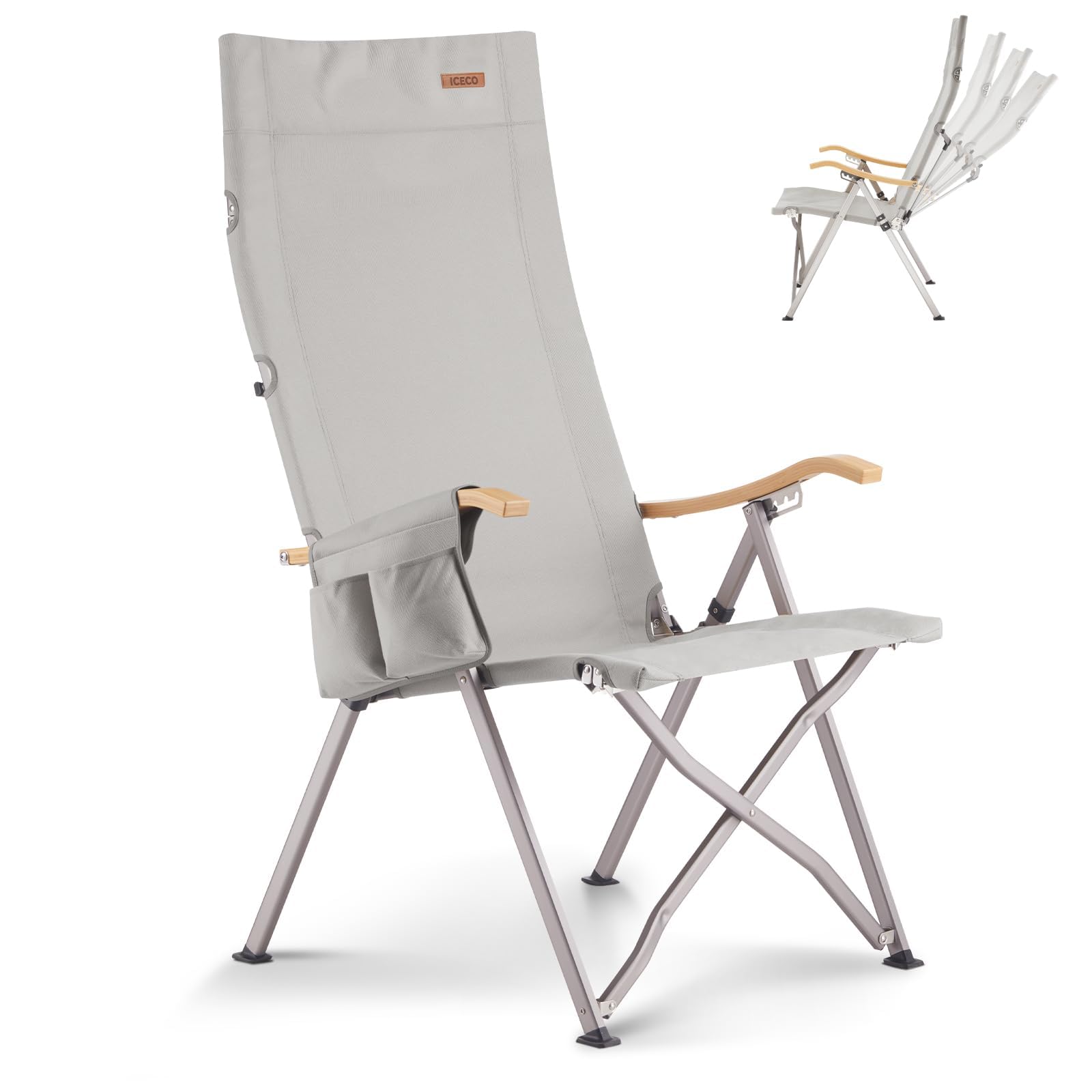 ICECO 4段階リクライニング式 ハイバックチェア 10年品質保証・耐荷重265KG・1600D座面・A7075アルミ合金フレーム・ハイ/ローバック切替可能 キャンプ 折りたたみ ガーデン 室内用（グレー）