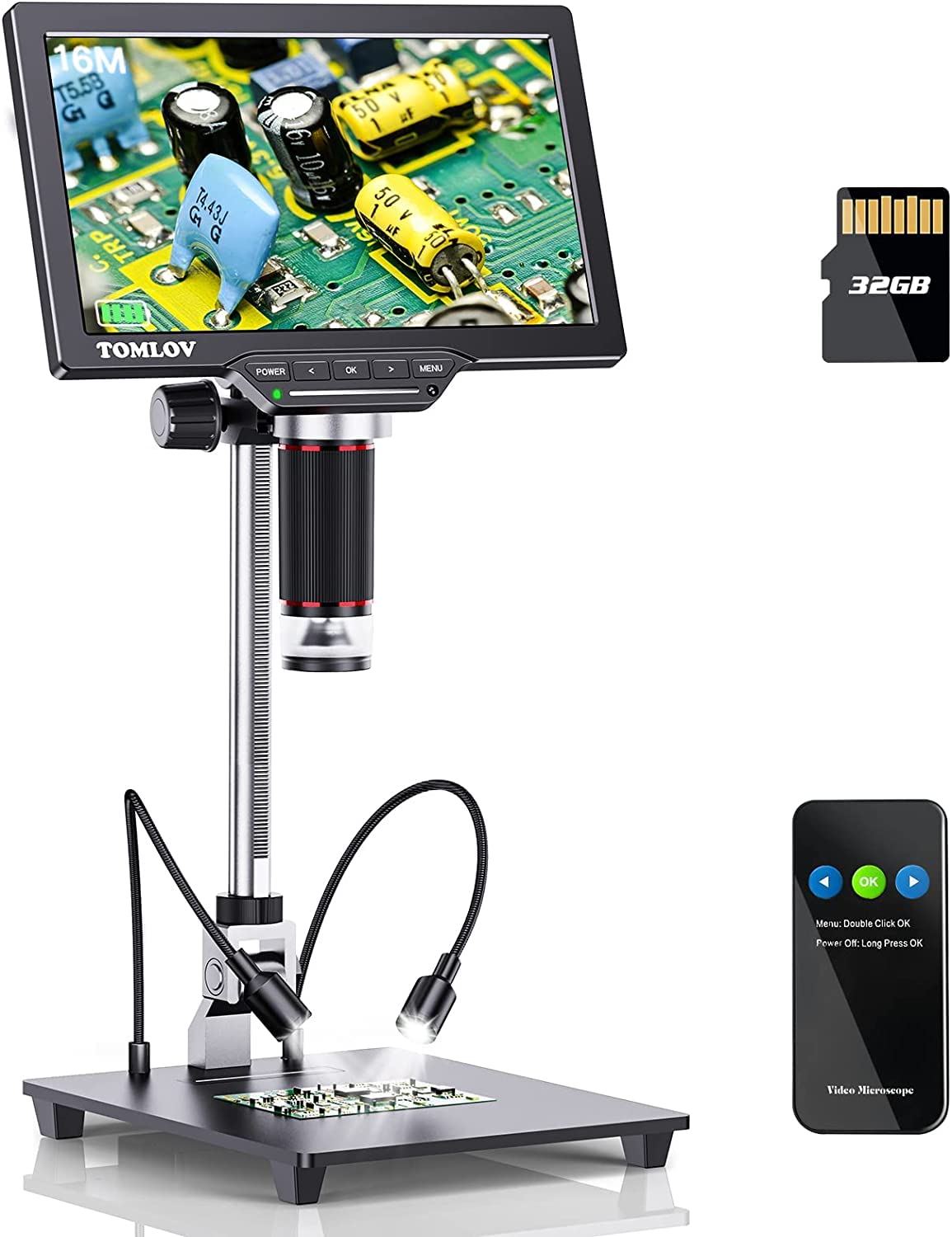 デジタル コイン顕微鏡 TOMLOV AX1300倍率 7インチ HDMI 液晶 ビデオ顕微鏡 8 LEDライト10インチ昇降スタンド PC接続可能 USBマイクロスコープWindows/Mac OS/TV対応 1200X 32GBカード 16MP 回路基｜道具セレクション