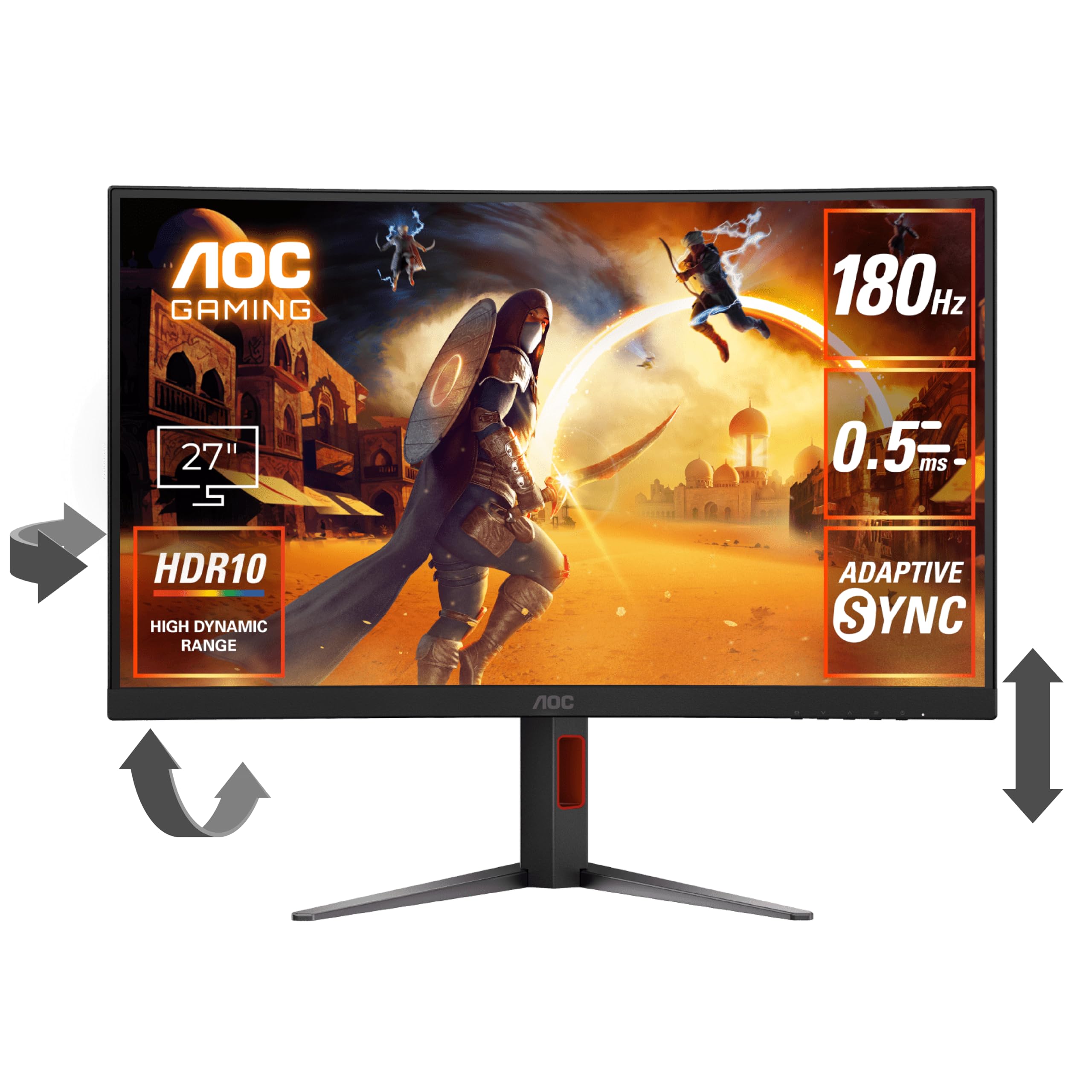 AOC ゲーミングモニター C27G4H/11, 27インチ, フルHD@180Hz, 曲面1500R, 0.5ms(MPRT), Fast VA, HDMI2.0 x 2/ DP1.4x1, 昇降(高さ調整)/チルト/スイーベル/ブルーライト低減, Ad｜道具セレクション